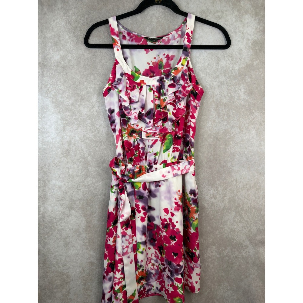 Express Floral Ruffle Dress‎ Womens Small Pink Purple Sleeveless Tie Waist Mini